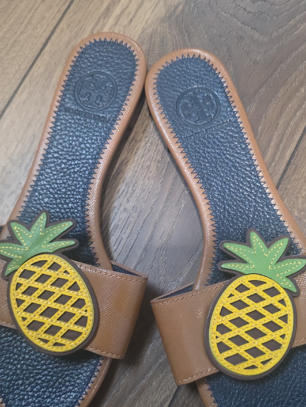 Tory Burch Brown Leather Slides with Yellow and Green Pineapple Appliqués